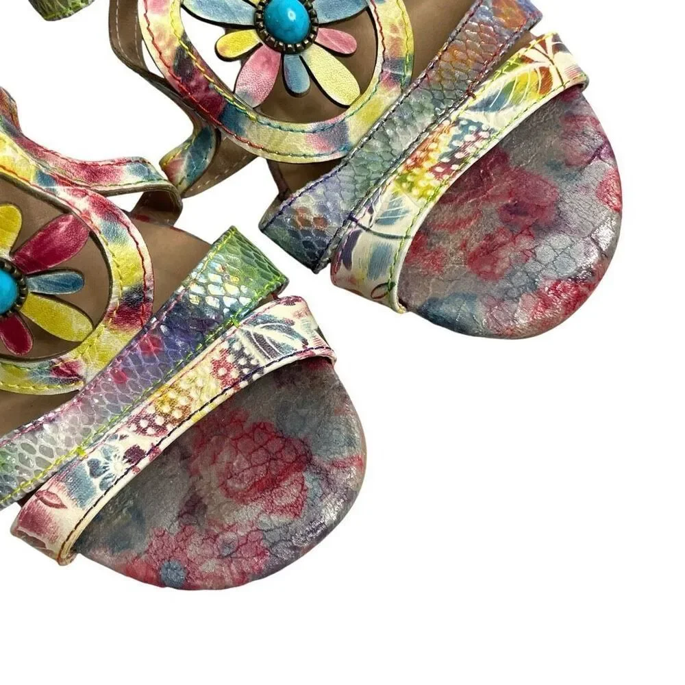 L’Artiste floral block‎ heel slide sandals heels Size 39 turquoise boho artsy